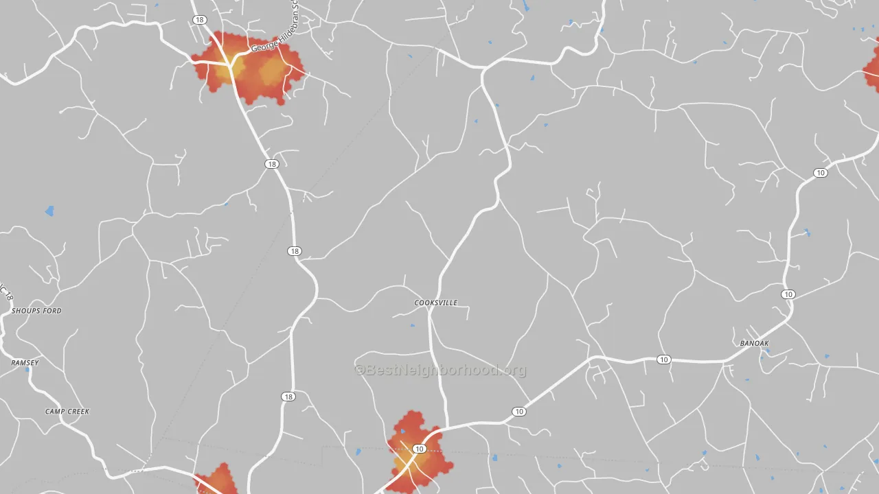 Walk Grade map of Cooksville, NC, walkable areas in green and car-dependent areas in red