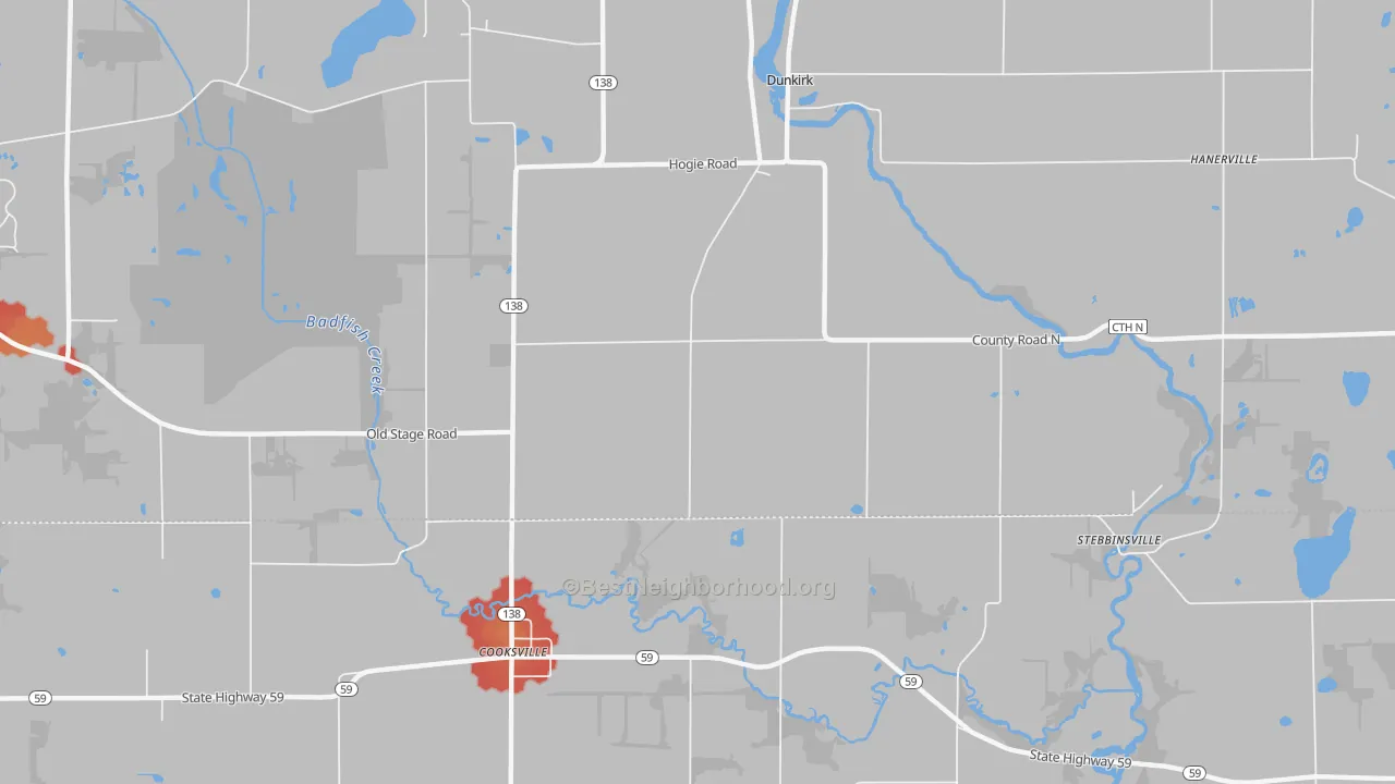 Walk Grade map of Cooksville, WI, walkable areas in green and car-dependent areas in red