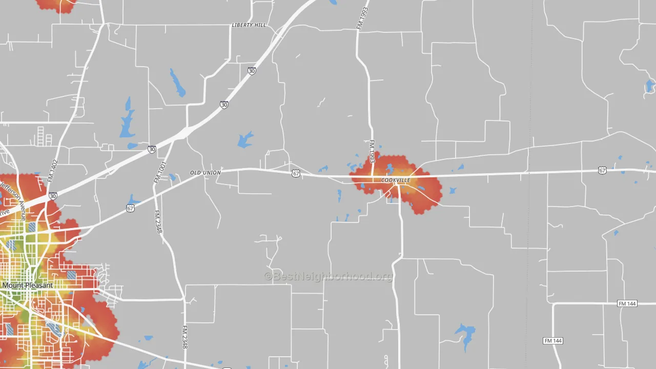 Walk Grade map of Cookville, TX, walkable areas in green and car-dependent areas in red