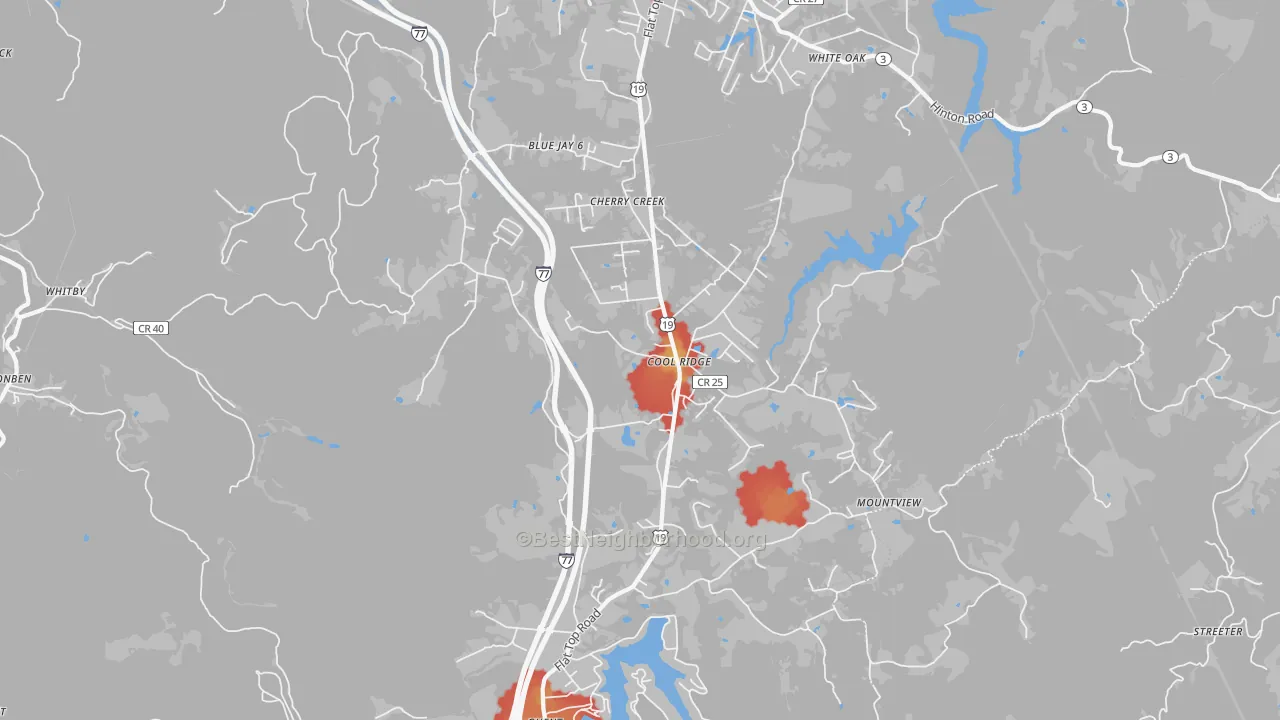 Walk Grade map of Cool Ridge, WV, walkable areas in green and car-dependent areas in red