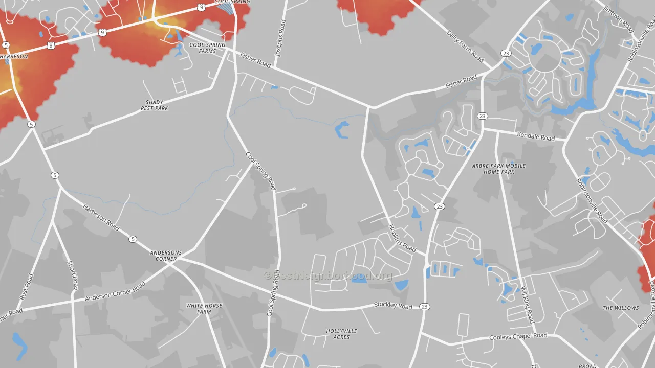 Walk Grade map of Cool Spring, DE, walkable areas in green and car-dependent areas in red