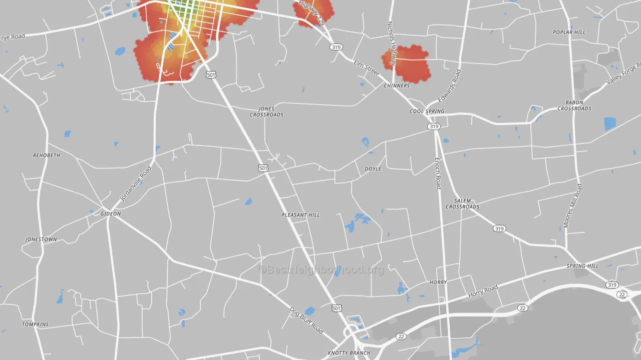 Walk Grade map of Cool Spring, SC, walkable areas in green and car-dependent areas in red