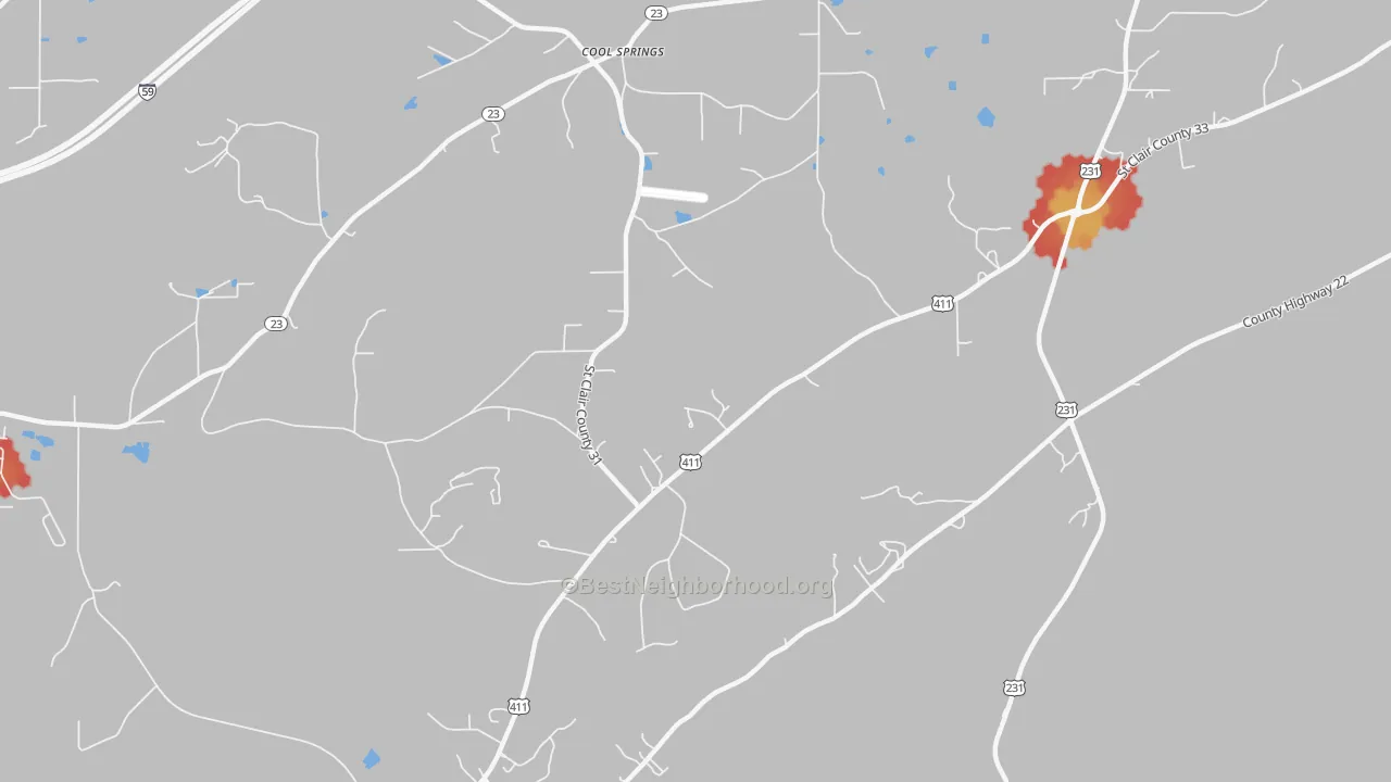 Walk Grade map of Cool Springs, AL, walkable areas in green and car-dependent areas in red