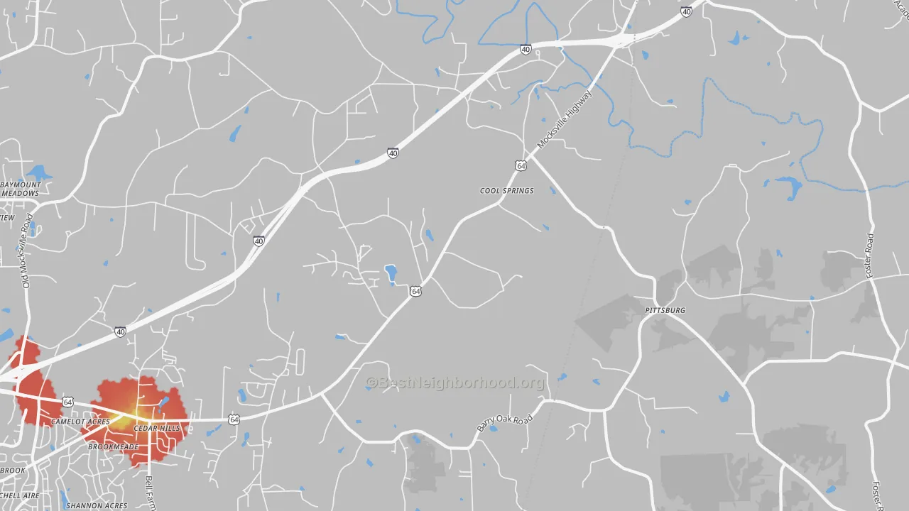 Walk Grade map of Cool Springs, NC, walkable areas in green and car-dependent areas in red