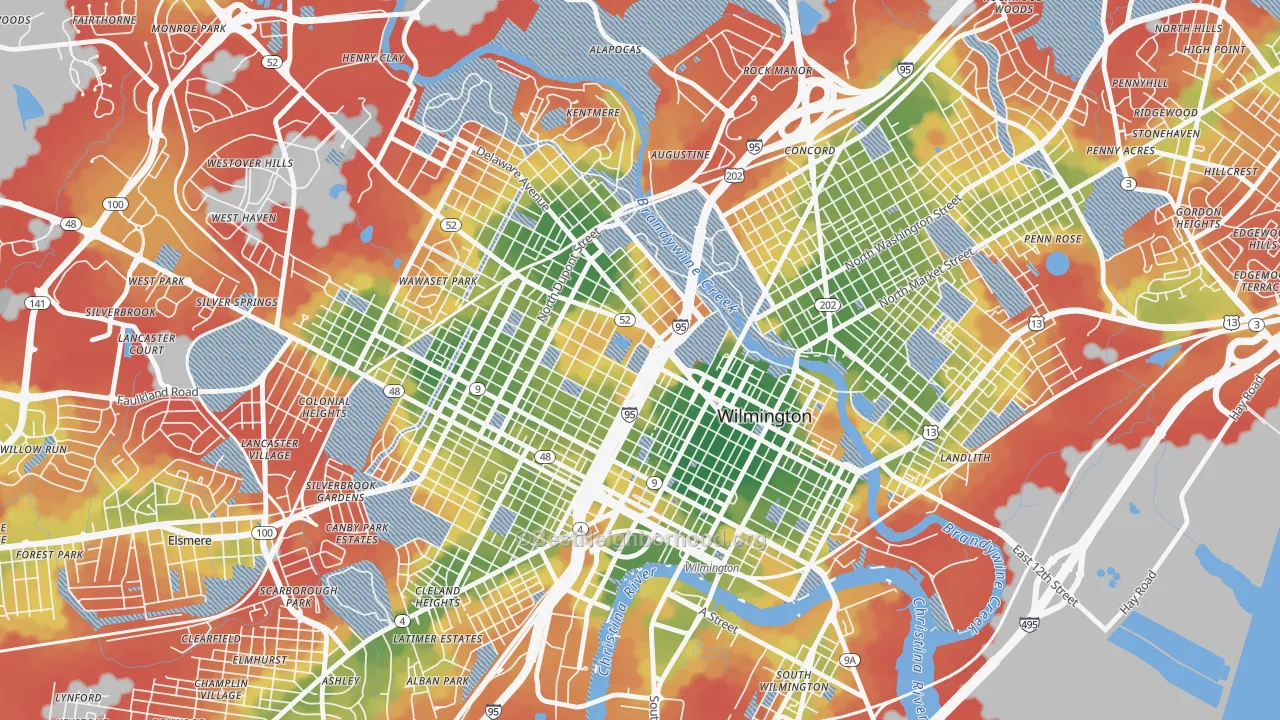 Walk Grade map of Cool Springs, Wilmington, DE, walkable areas in green and car-dependent areas in red
