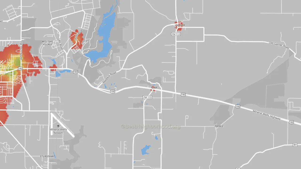 Walk Grade map of Cool, TX, walkable areas in green and car-dependent areas in red