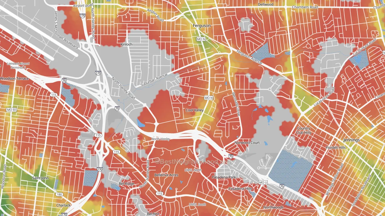Walk Grade map of Cool Valley, MO, walkable areas in green and car-dependent areas in red