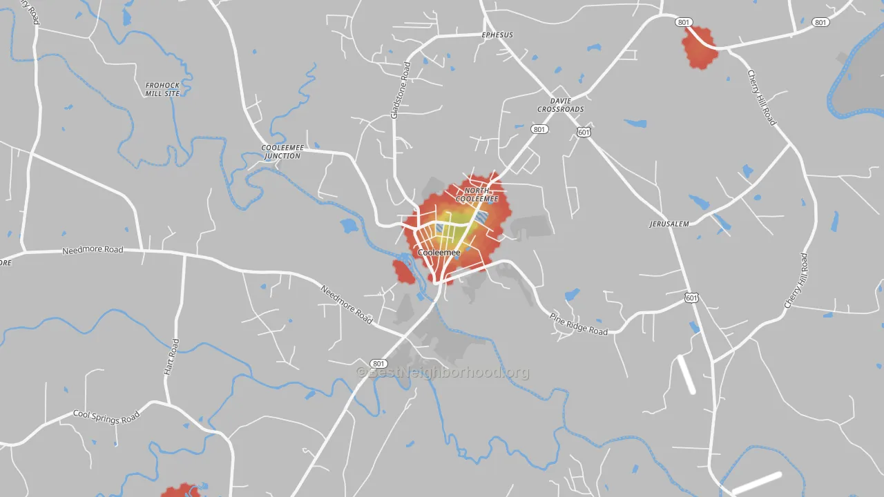 Walk Grade map of Cooleemee, NC, walkable areas in green and car-dependent areas in red