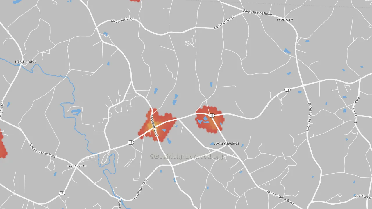 Walk Grade map of Cooley Springs, SC, walkable areas in green and car-dependent areas in red
