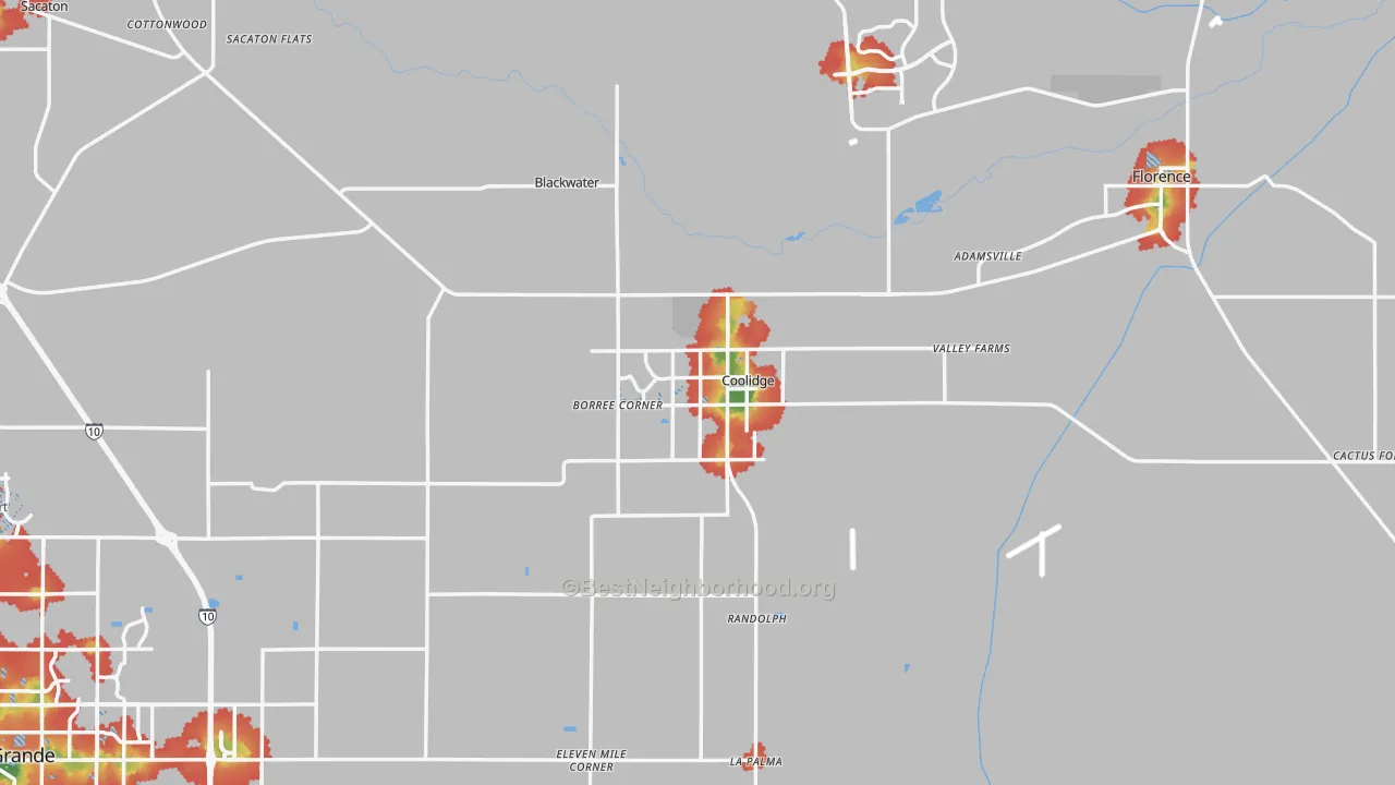 Walk Grade map of Coolidge, AZ, walkable areas in green and car-dependent areas in red
