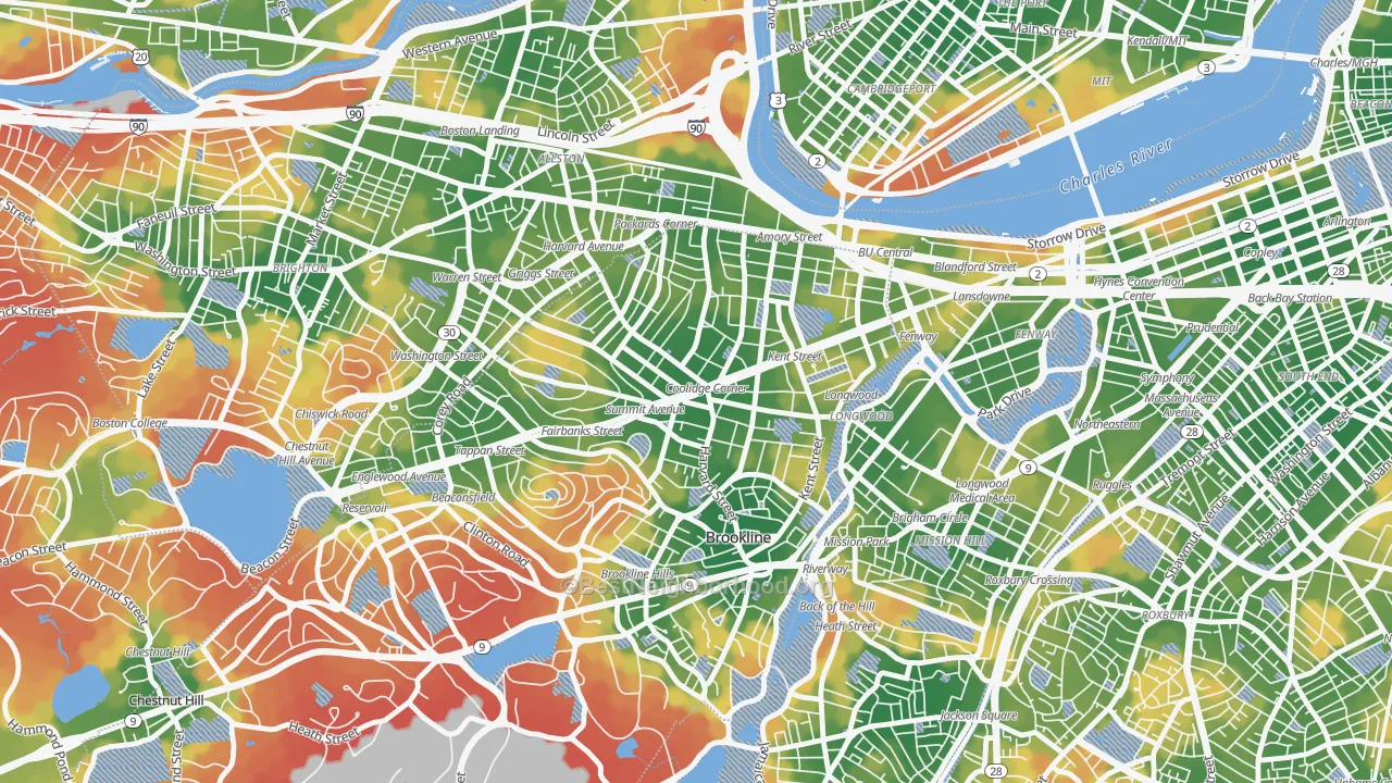Walk Grade map of Coolidge Corner, Brookline, MA, walkable areas in green and car-dependent areas in red