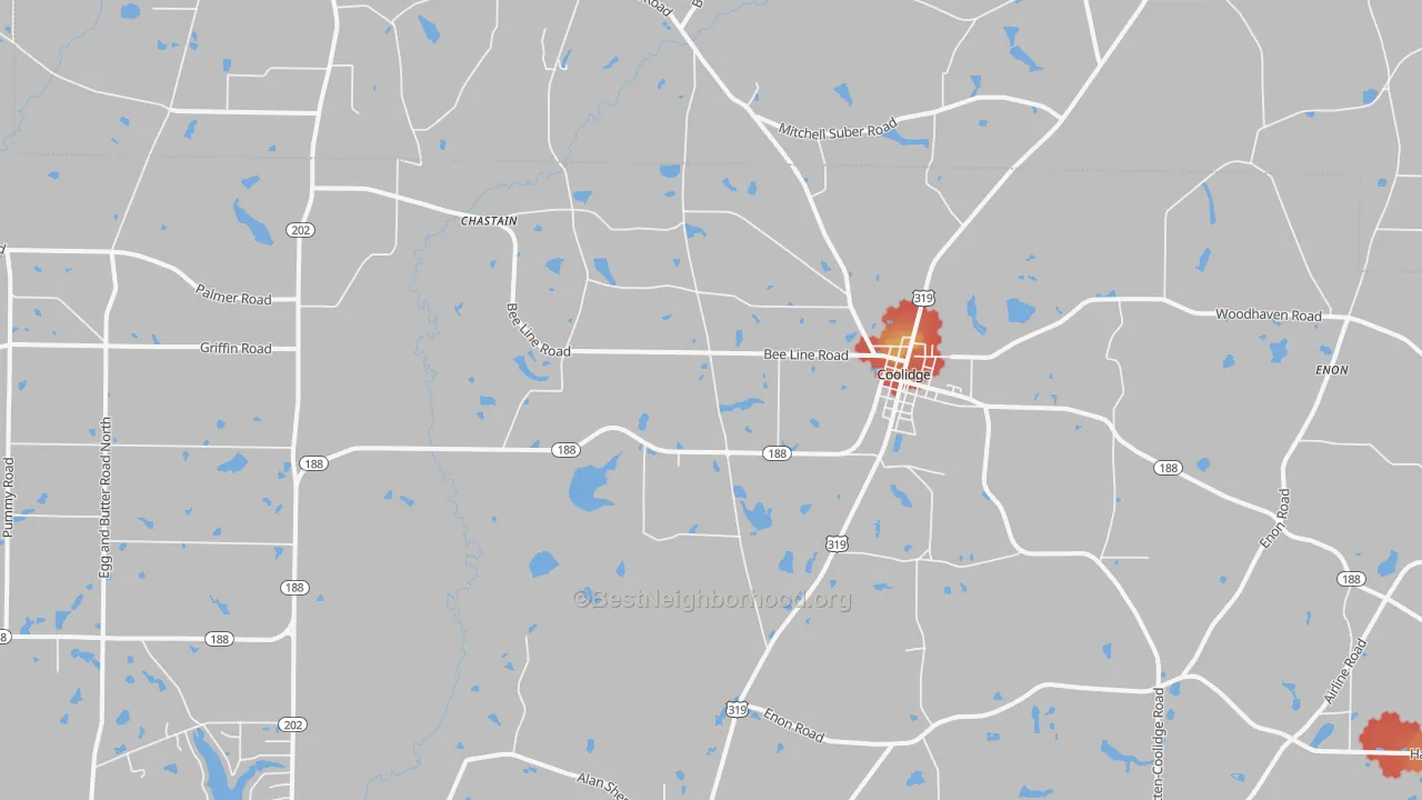 Walk Grade map of Coolidge, GA, walkable areas in green and car-dependent areas in red