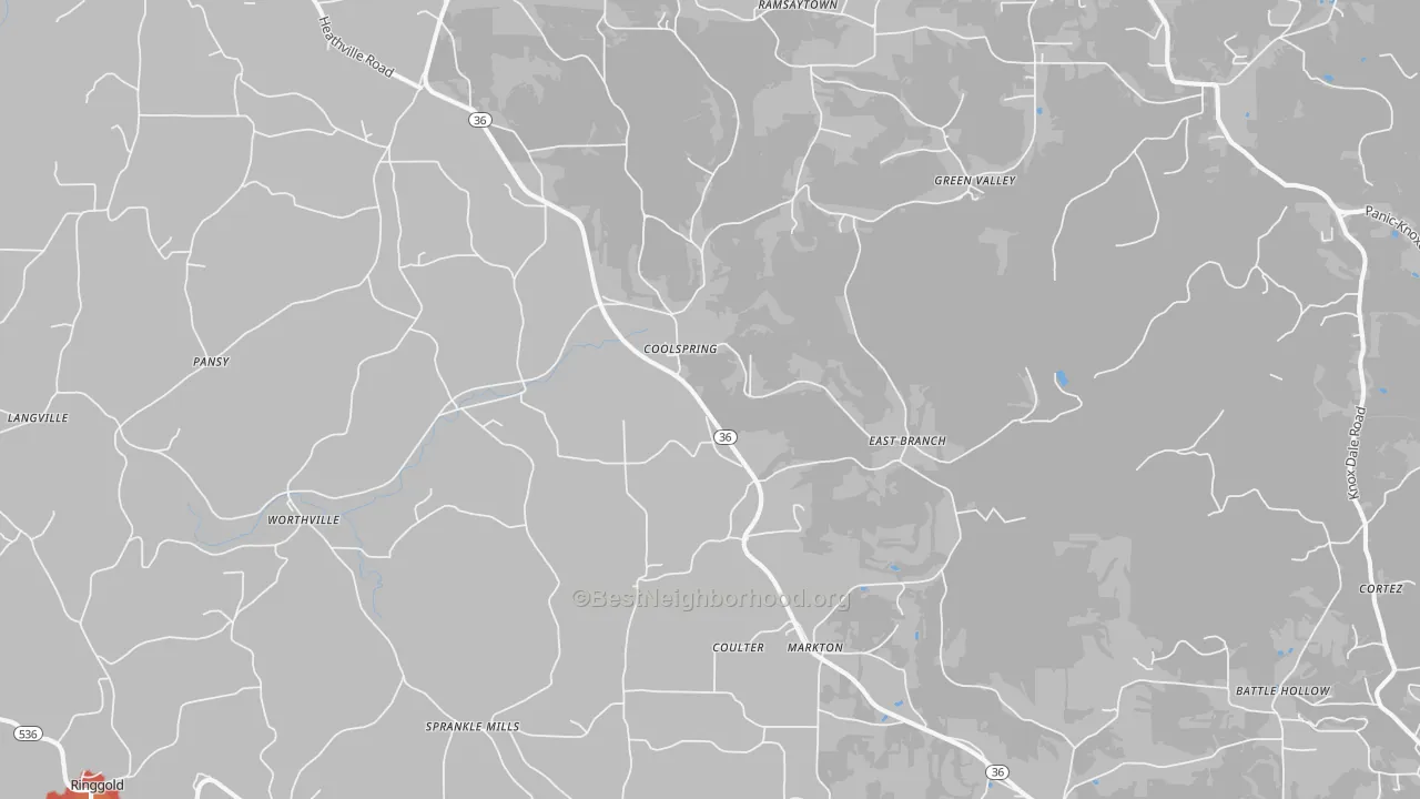 Walk Grade map of Coolspring, PA, walkable areas in green and car-dependent areas in red