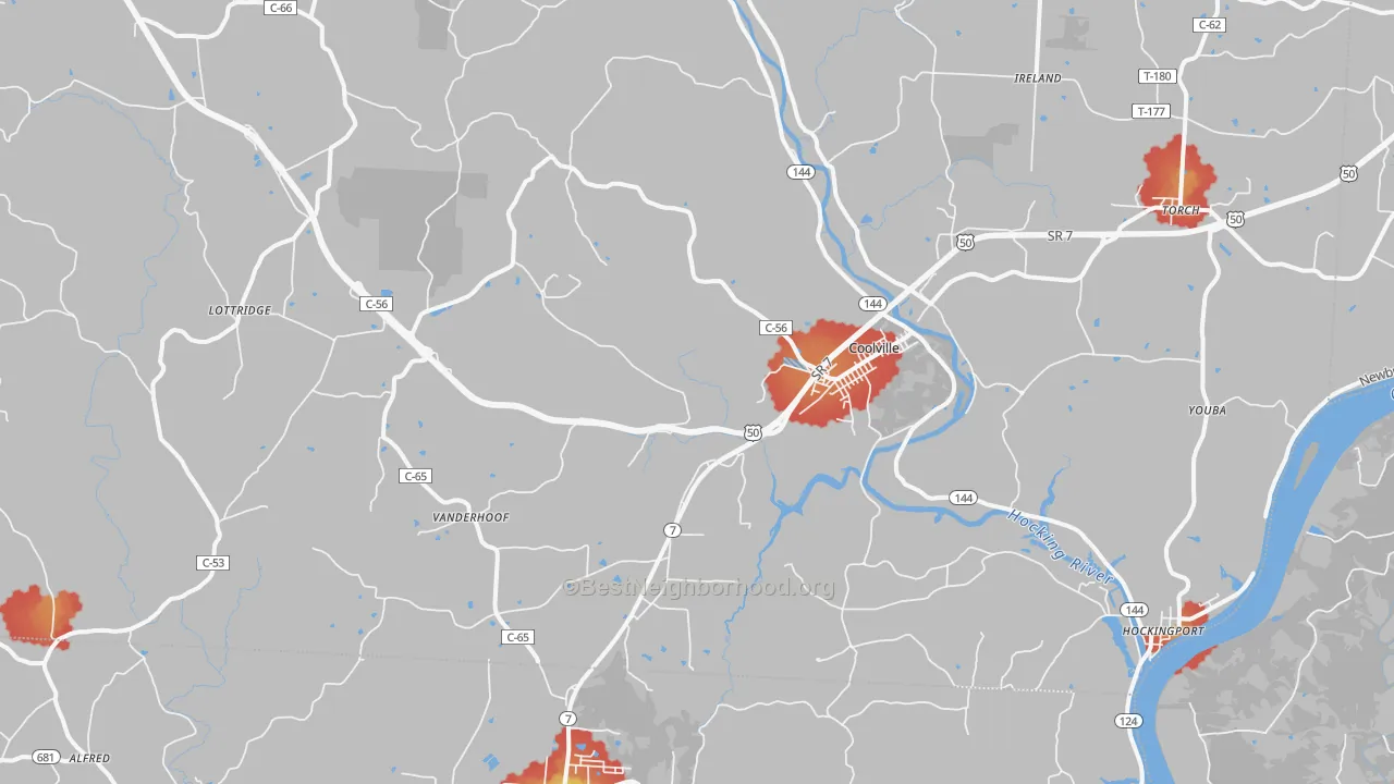 Walk Grade map of Coolville, OH, walkable areas in green and car-dependent areas in red