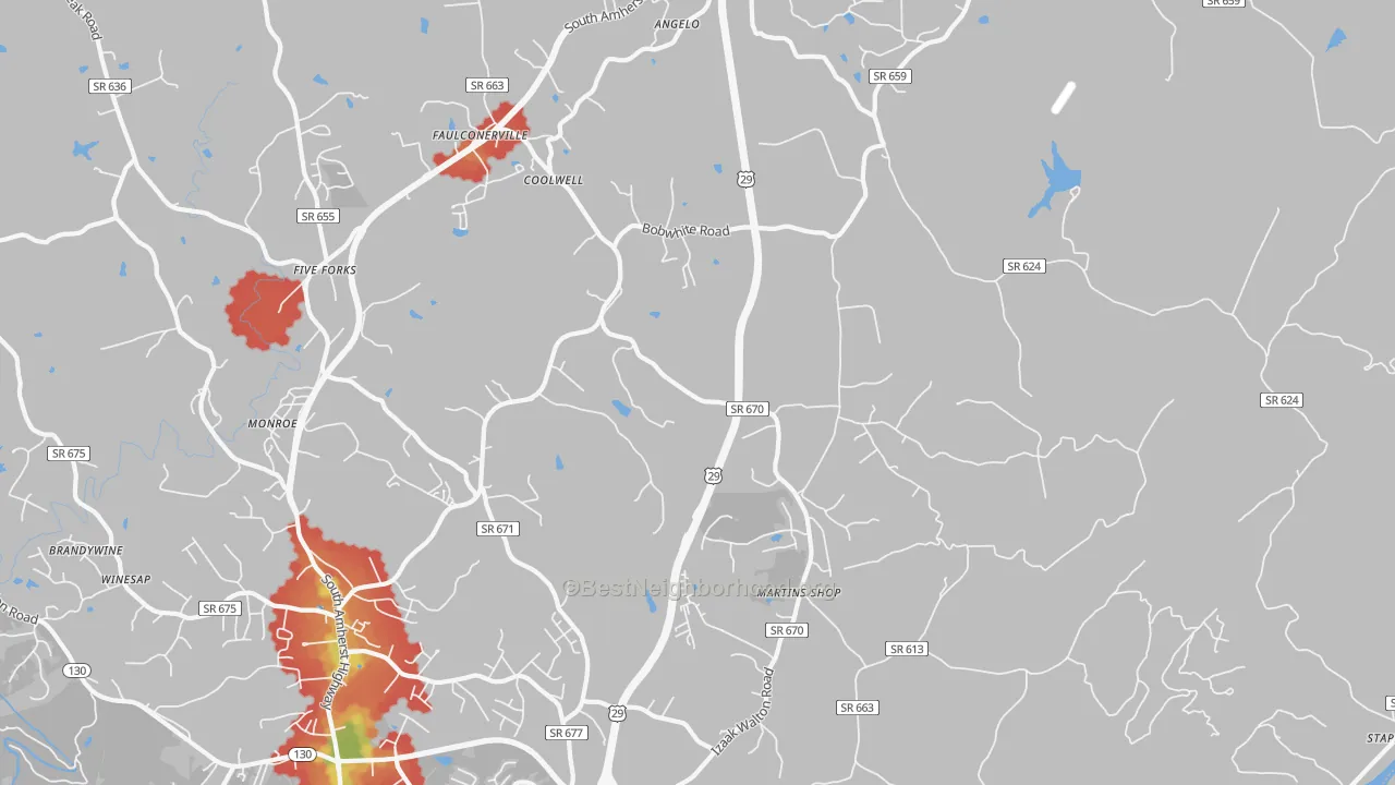 Walk Grade map of Coolwell, VA, walkable areas in green and car-dependent areas in red