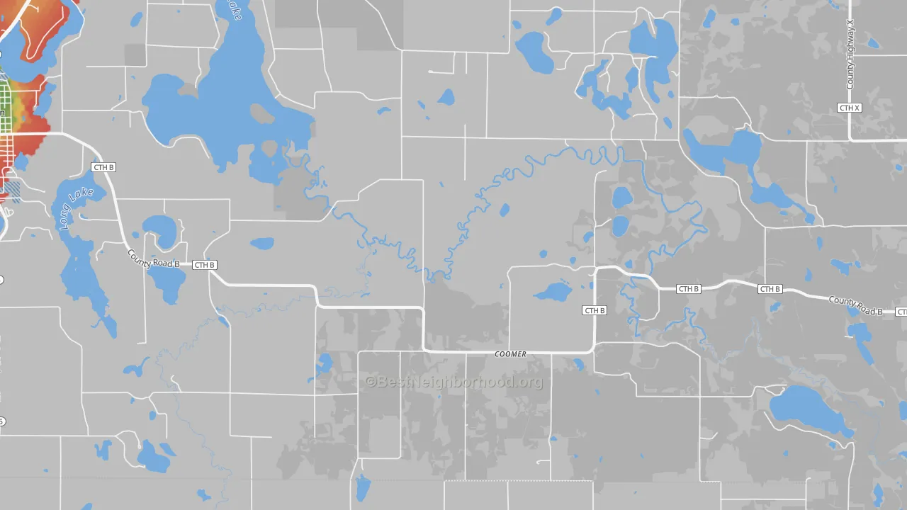 Walk Grade map of Coomer, WI, walkable areas in green and car-dependent areas in red