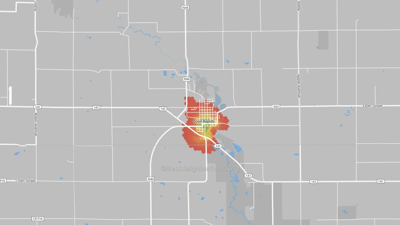 Walk Grade map of Coon Rapids, IA, walkable areas in green and car-dependent areas in red