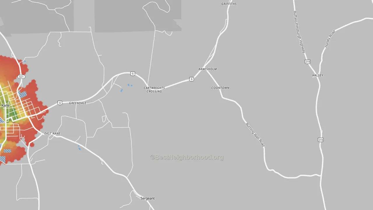 Walk Grade map of Coontown, PA, walkable areas in green and car-dependent areas in red