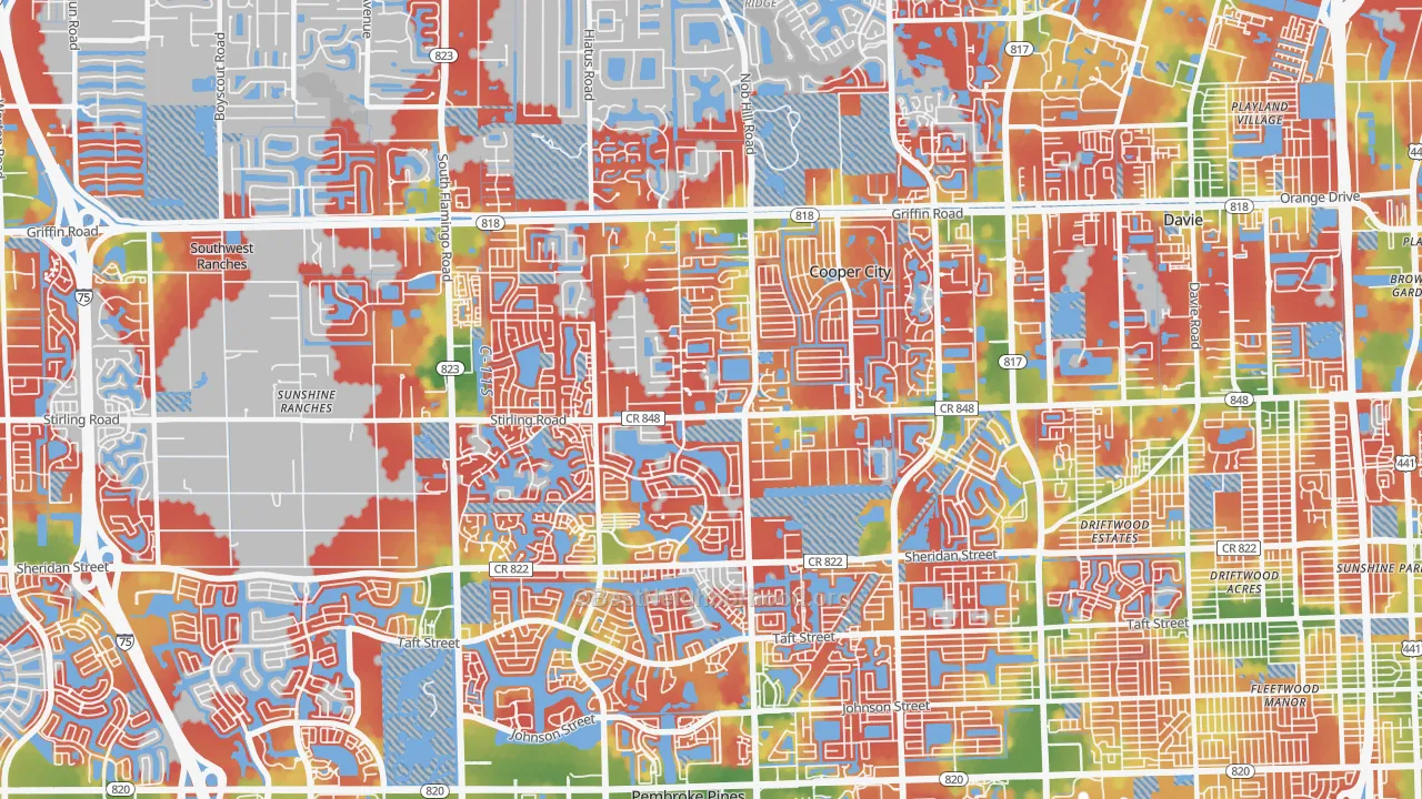 Walk Grade map of Cooper City, FL, walkable areas in green and car-dependent areas in red