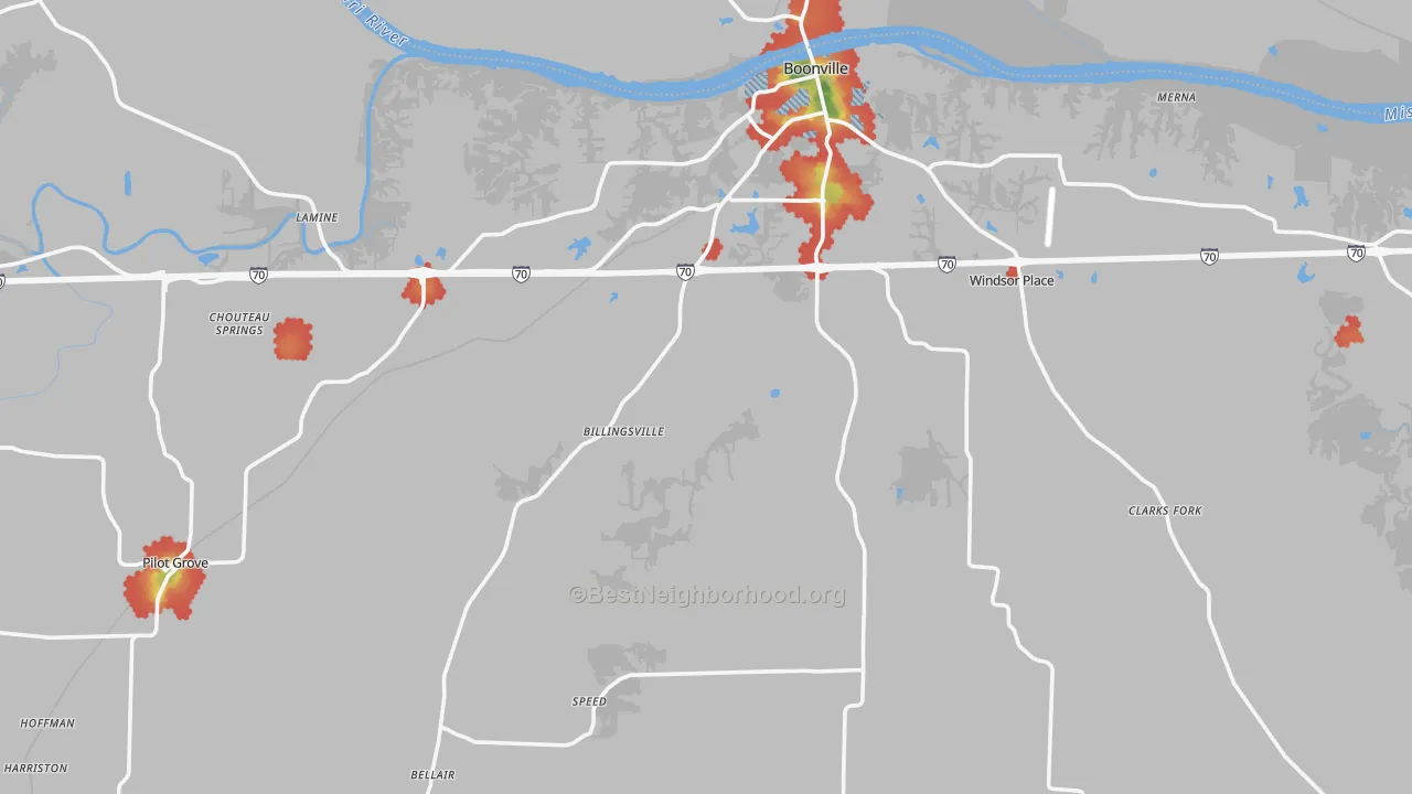 Walk Grade map of Cooper County, MO, walkable areas in green and car-dependent areas in red