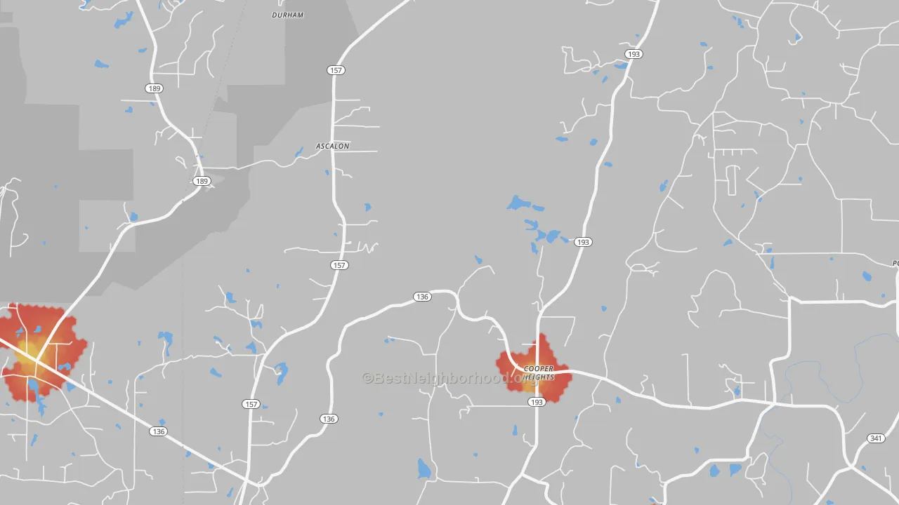 Walk Grade map of Cooper Heights, GA, walkable areas in green and car-dependent areas in red