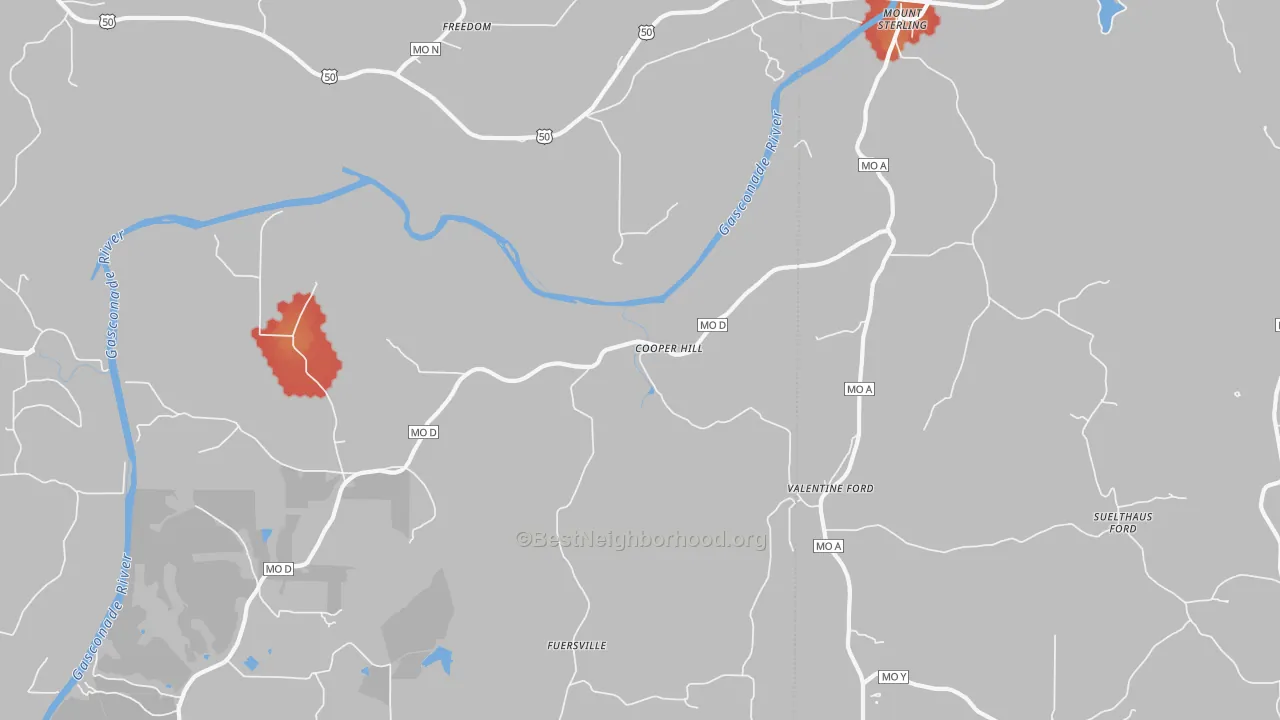 Walk Grade map of Cooper Hill, MO, walkable areas in green and car-dependent areas in red