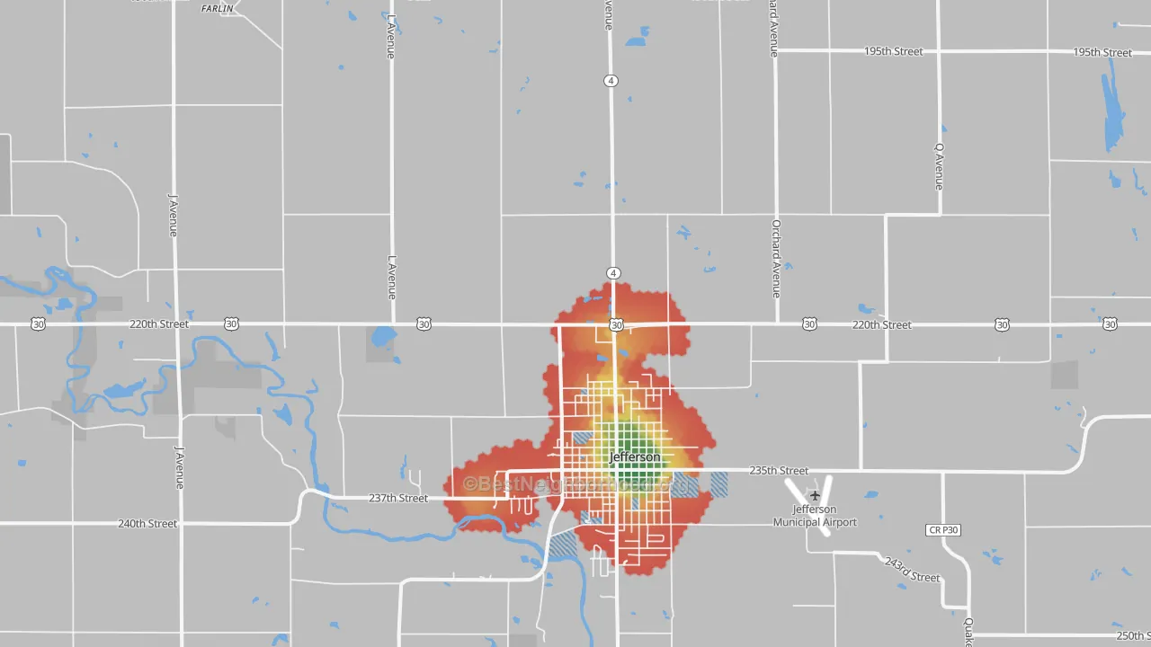 Walk Grade map of Cooper, IA, walkable areas in green and car-dependent areas in red