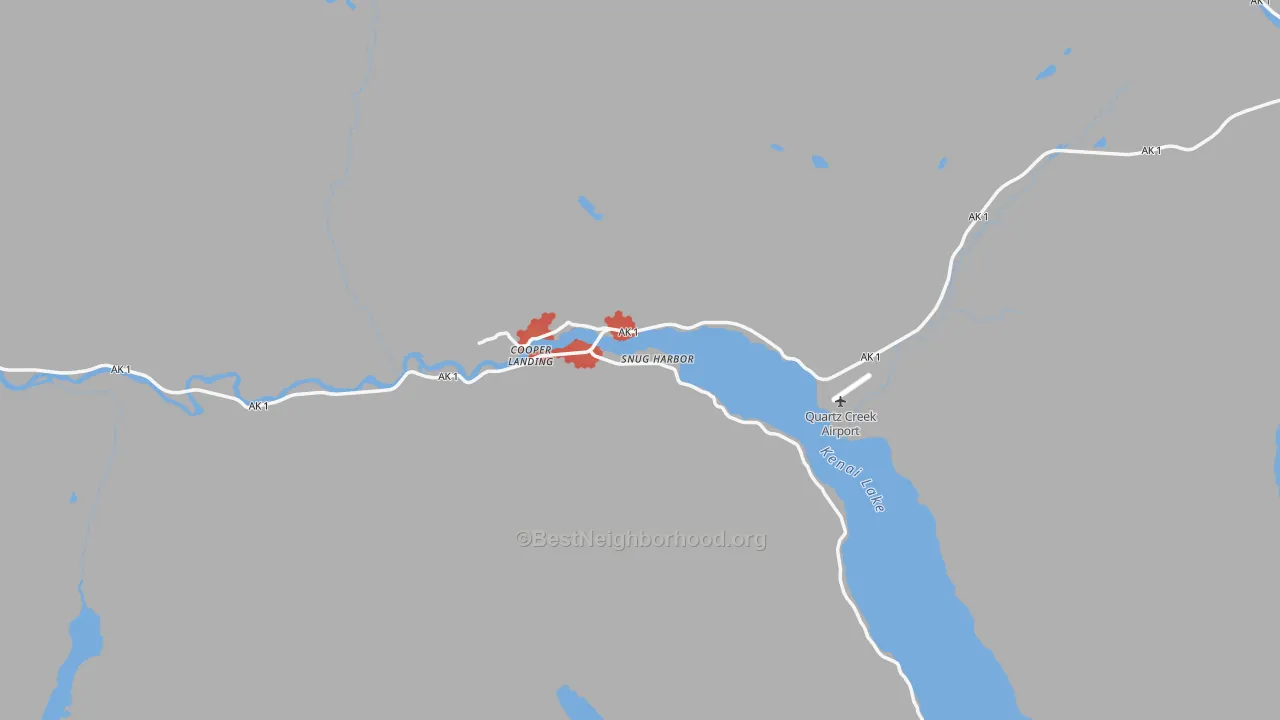 Walk Grade map of Cooper Landing, AK, walkable areas in green and car-dependent areas in red