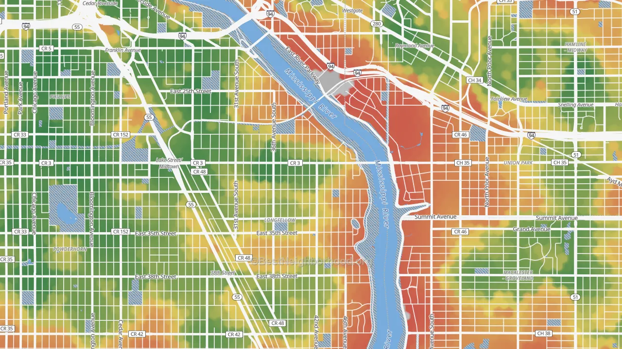 Walk Grade map of Cooper, Minneapolis, MN, walkable areas in green and car-dependent areas in red