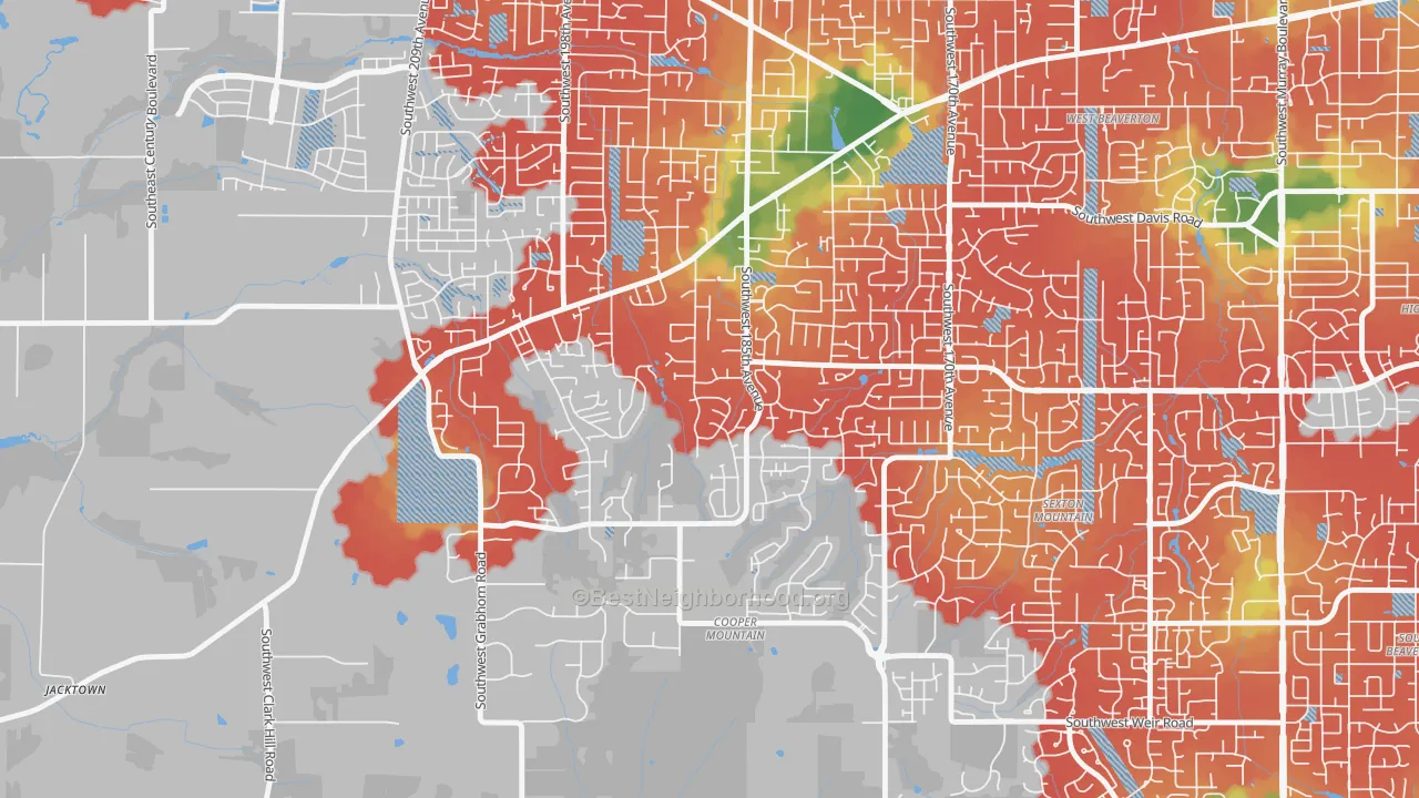 Walk Grade map of Cooper Mountain Aloha South, Beaverton, OR, walkable areas in green and car-dependent areas in red