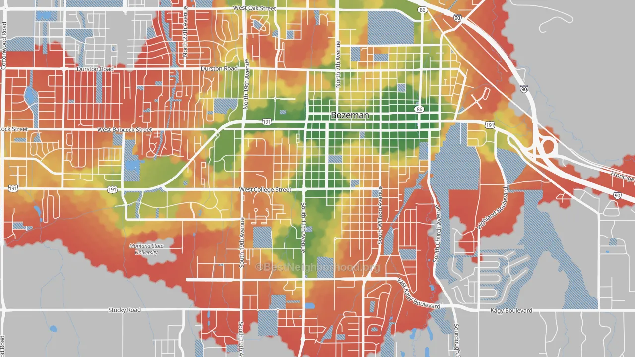 Walk Grade map of Cooper Park, Bozeman, MT, walkable areas in green and car-dependent areas in red