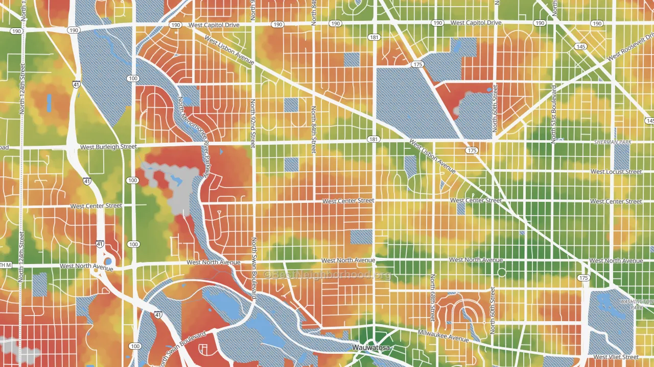 Walk Grade map of Cooper Park, Milwaukee, WI, walkable areas in green and car-dependent areas in red