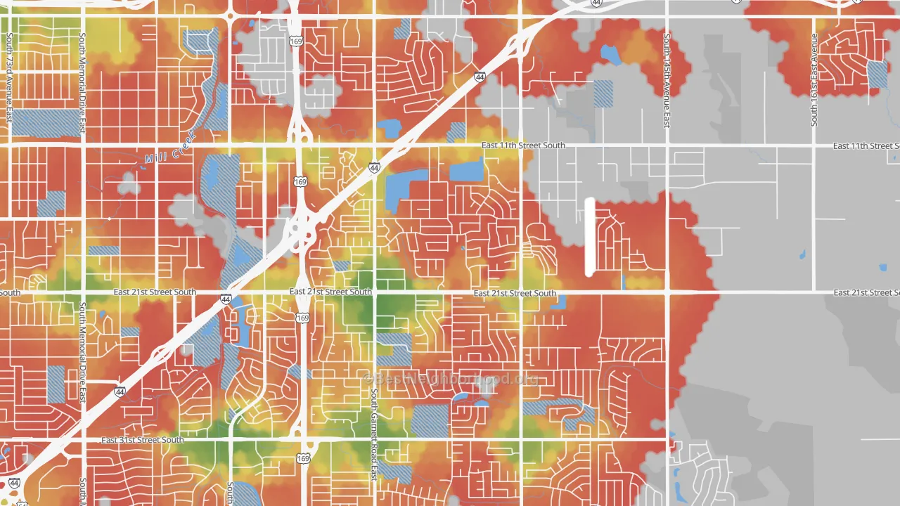 Walk Grade map of Cooper, Tulsa, OK, walkable areas in green and car-dependent areas in red