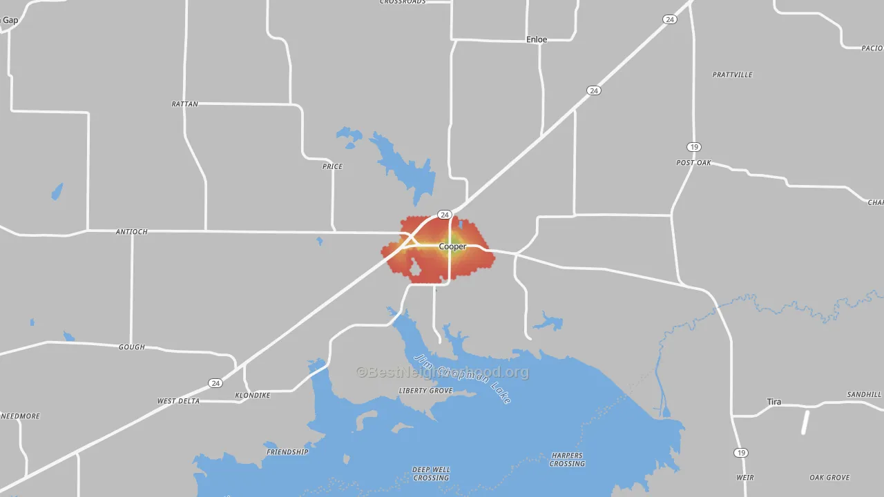 Walk Grade map of Cooper, TX, walkable areas in green and car-dependent areas in red