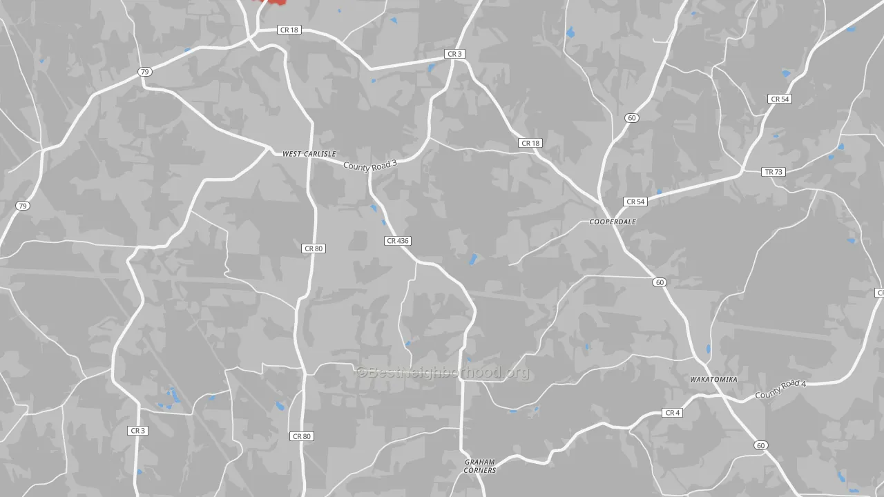 Walk Grade map of Cooperdale, OH, walkable areas in green and car-dependent areas in red