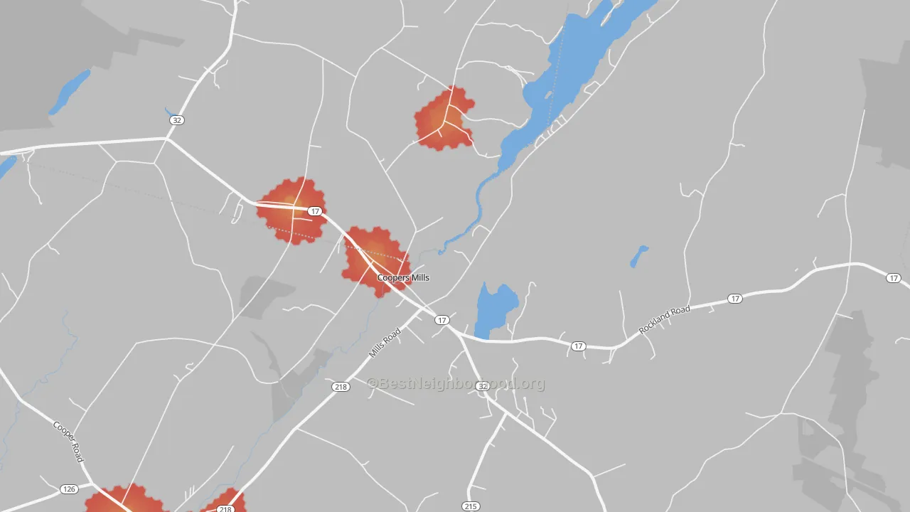 Walk Grade map of Coopers Mills, ME, walkable areas in green and car-dependent areas in red