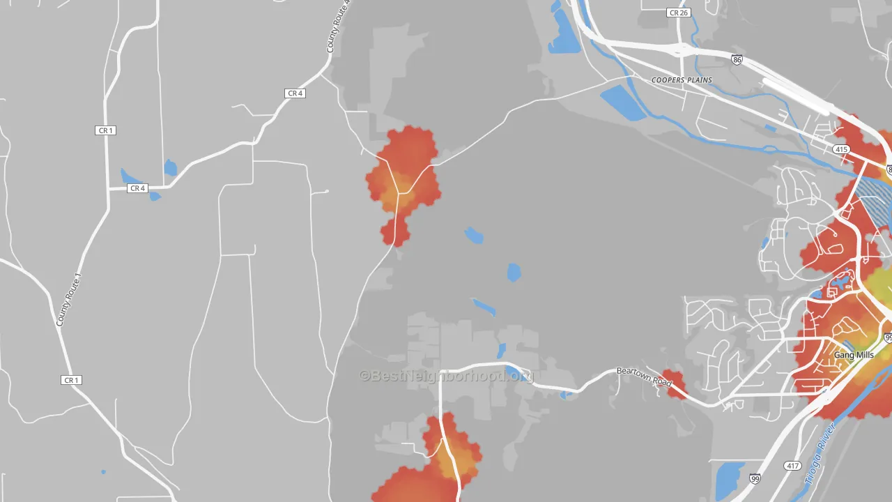 Walk Grade map of Coopers Plains, NY, walkable areas in green and car-dependent areas in red