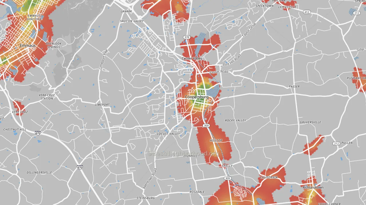 Walk Grade map of Coopersburg, PA, walkable areas in green and car-dependent areas in red