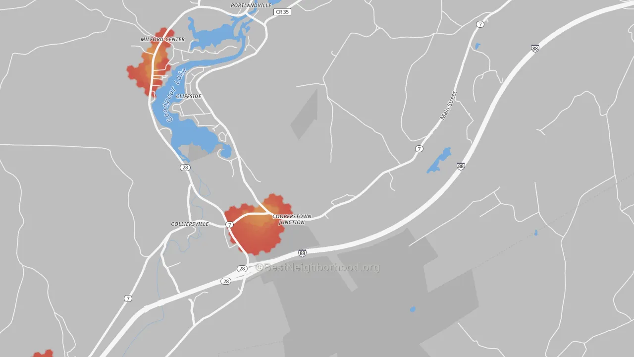 Walk Grade map of Cooperstown Junction, NY, walkable areas in green and car-dependent areas in red