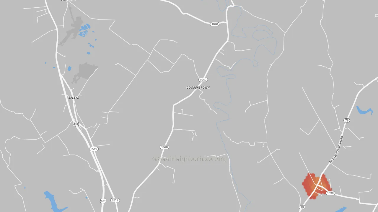 Walk Grade map of Cooperstown, KY, walkable areas in green and car-dependent areas in red