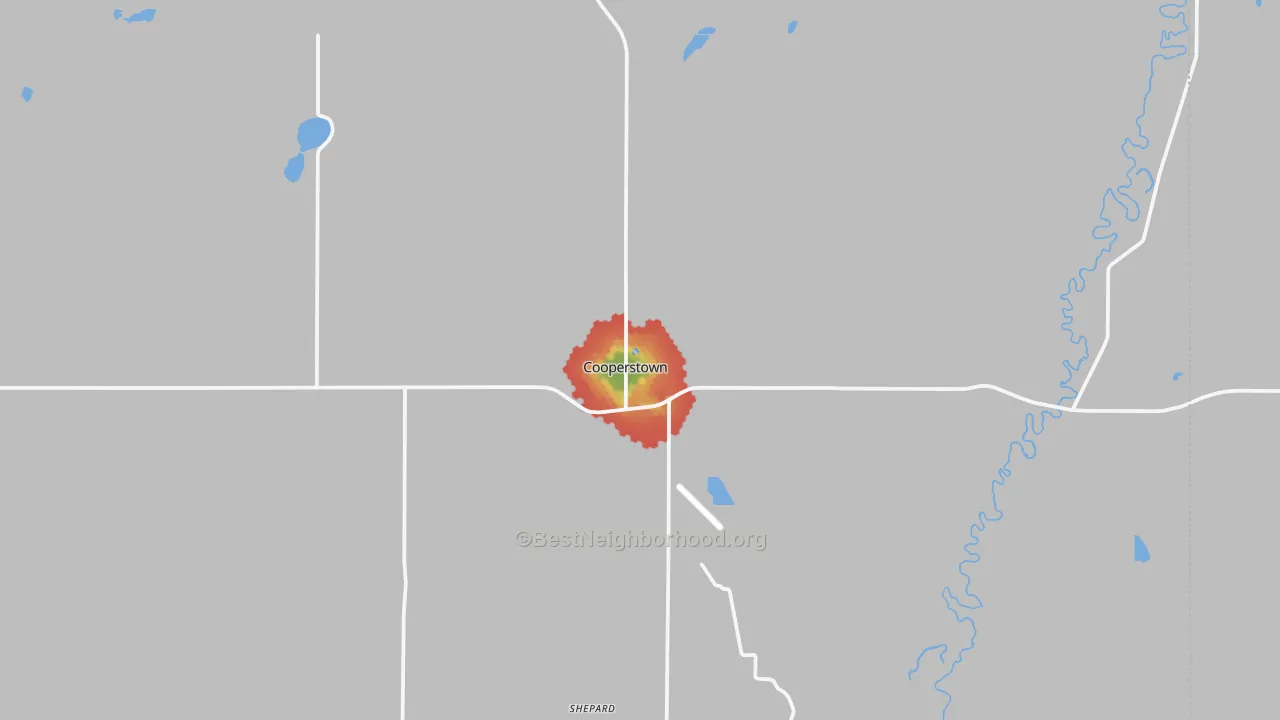 Walk Grade map of Cooperstown, ND, walkable areas in green and car-dependent areas in red