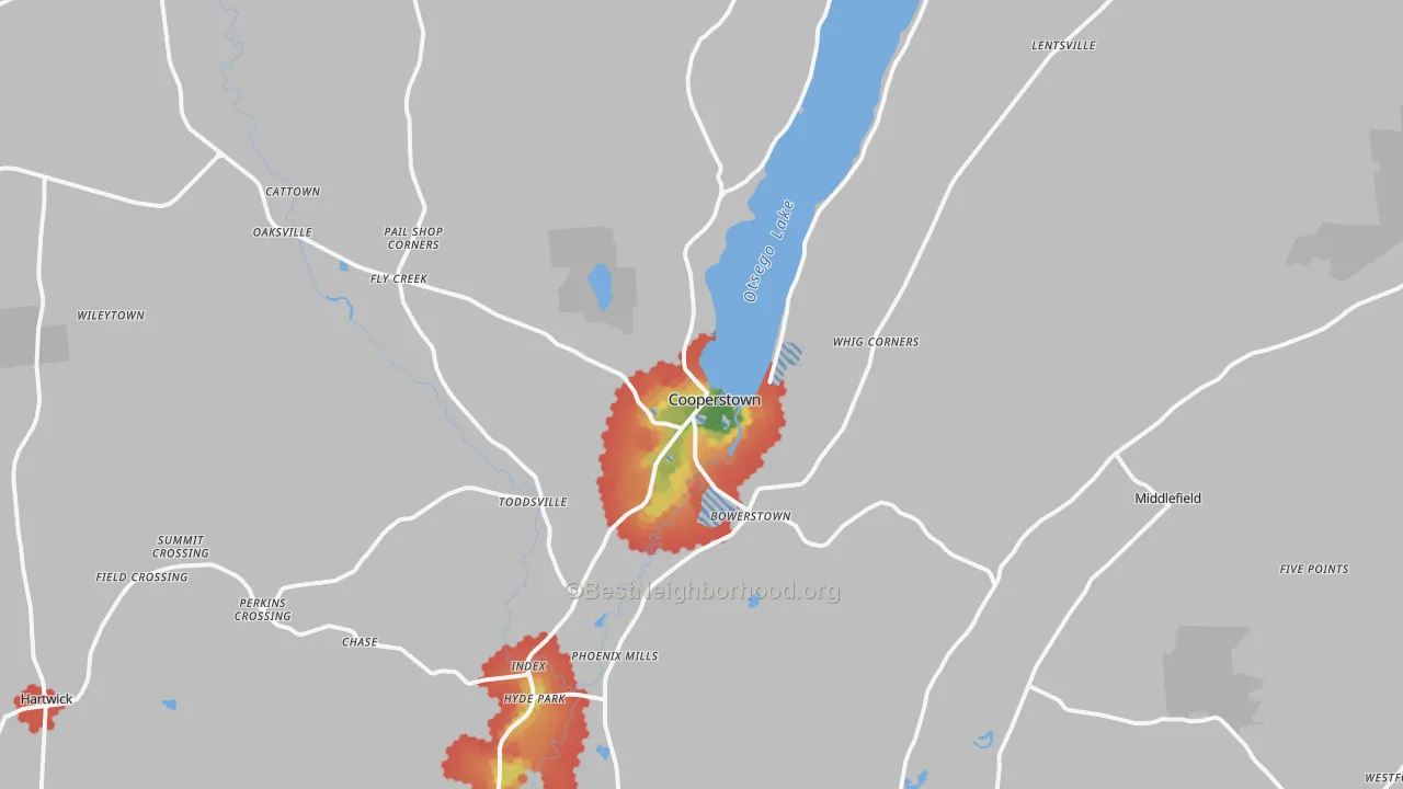 Walk Grade map of Cooperstown, NY, walkable areas in green and car-dependent areas in red