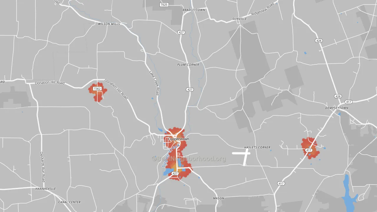 Walk Grade map of Cooperstown, PA, walkable areas in green and car-dependent areas in red