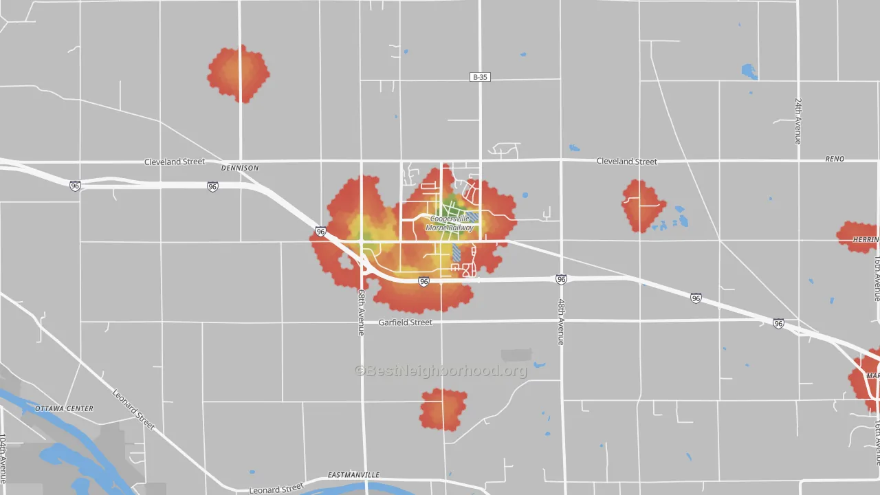 Walk Grade map of Coopersville, MI, walkable areas in green and car-dependent areas in red