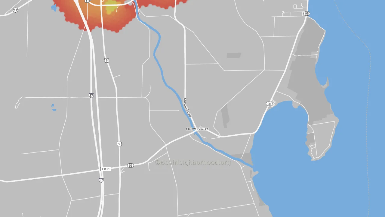 Walk Grade map of Coopersville, NY, walkable areas in green and car-dependent areas in red