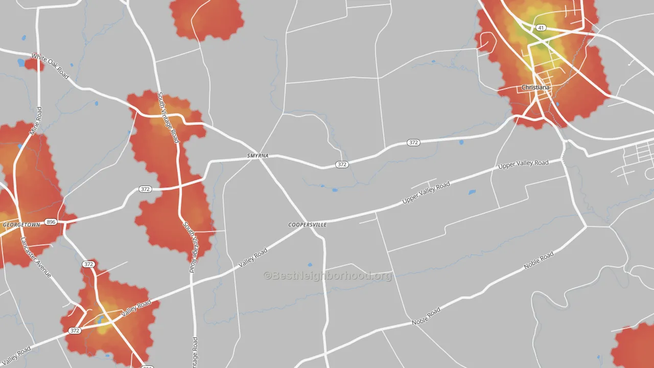 Walk Grade map of Coopersville, PA, walkable areas in green and car-dependent areas in red
