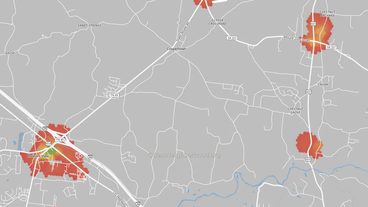 Walk Grade map of Coopertown, TN, walkable areas in green and car-dependent areas in red