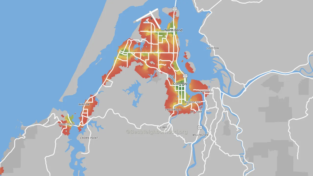 Walk Grade map of Coos Bay, OR, walkable areas in green and car-dependent areas in red