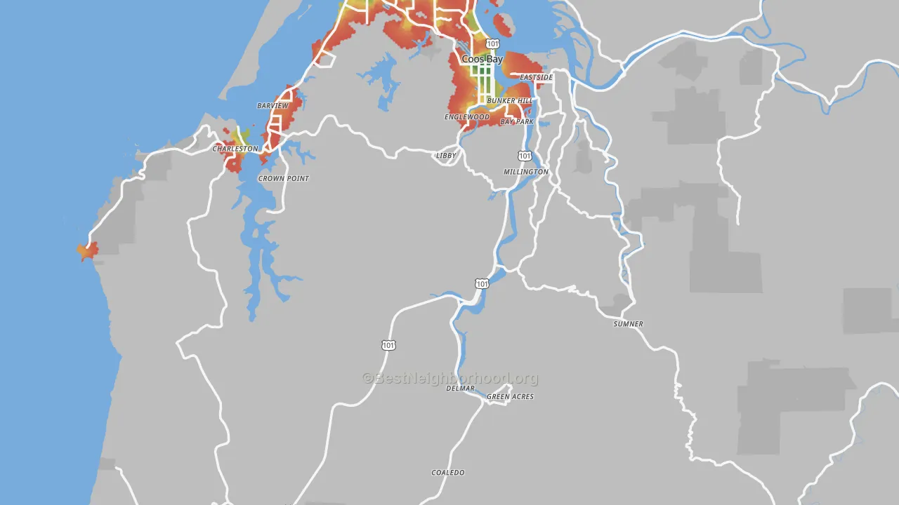Walk Grade map of Coos County, OR, walkable areas in green and car-dependent areas in red
