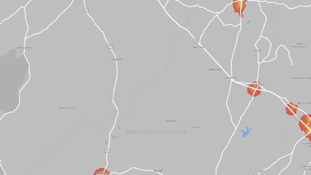 Walk Grade map of Coosa County, AL, walkable areas in green and car-dependent areas in red